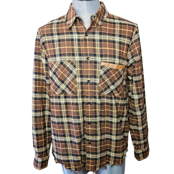 Amiri | Leather Logo Flannel Button Down Shirt | Brown | Mens | Size Large - Picture 7 of 16